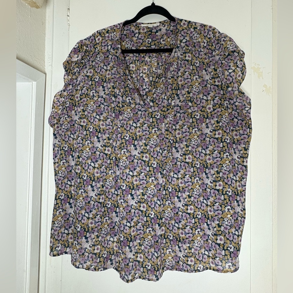 Floral Purple, Green, and Blue Flowy Short Sleeve V-neck Women's Top 3XL